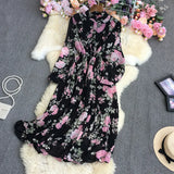 Large Flower Long-Sleeved Dress-Outfit