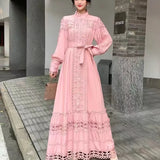 Fongt Small Vintage Hollow Lace Splicing Strap Belt Lantern Sleeve Dress Female Court Long Dress