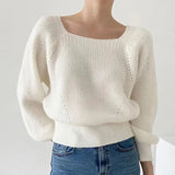 New Style Square Collar Bubble Lantern Sleeve Blouse Short Style Loose Knitted Sweater Woman-Outfit