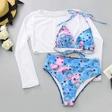 Neon orange Bikini 2021 Women Long Sleeve Mesh Cover Up 3 Piece Swimsuit High Cut Push Up Bathing Suit high waist