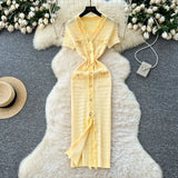 Fongt Fragrant Style High-End Hair-Side V-Neck Short-Sleeved Knitted Dress Women's Summer Waist Single Buckle-Clove Long Dress