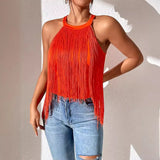 Women's Hot-Selling Solid Color Sleeveless Neck Top Ladies' Fashionable Tassel Beach Swimsuit-Outfit