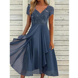 Fongt Station Dress Female Chiffon Stitching V-Neck Lace Dress Bridesmaid Evening Dress