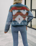 The Ins New 2023 Ladies Early Spring Geometric Woolen Denim Stitching Button Lapel Short Coat-Outfit