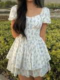 Puff Sleeve Floral Corset Mini Dress-Outfit