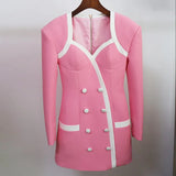 STREET Newest 2022 Designer Dress Women's Extra Shoulder Square Collar Long Sleeve Double Breasted Color Block Mini