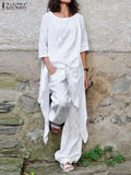 ZANZEA Fashion 2PCS Wide Leg Pants Sets Spring O-Neck Long Sleeve Blouse Suits Oversized Women's Tracksuit Casual Solid