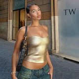 Fongt Women's Wear 2024 Winter New Solid Color Casual Chest Exposed Navel Sleeveless Gold Slim Vest Jacket-Outfit