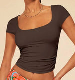 New Hot Women Decorate Body Solid Color Summer Square Neck Casual T-Shirt