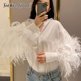 Casual Patchwork Feather Blouse For Women Lapel Lantern Sleeve White Solid Shirt Female Fashion New Clothing