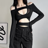 Fongt 2024 New Women's Fashion Sexy Mesh Stitching Long Sleeve Hollow Out Slim Crop Jumpsuit-Outfit