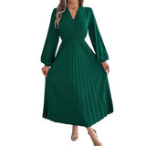 Fongt Shooting 2025 Autumn And Winter Elegant Triple V-Neck Long Sleeves To Close The Waist 100-Folded Long Skirt Women's Clothing