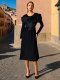 Fongt Temperament Dress Women 2025 Spring New Round Neck Mesh Stitching Design Black Long Sleeve Dress