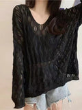 Spring And Summer New Korean Version Loose Hollowed-Out Sweater Pullover V-Collar Long-Sleeved Blouse Popular Style For Women-Outfit