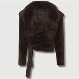 Brown Faux Fur Collar Suede Short Jacket-Outfit
