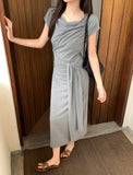 Fongt Xixi 2025 Spring New Korean Version High Waist Belt Design Sense Short-Sleeved Knitted Long Dress Women 88278