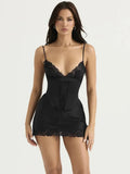 Lace Trim Satin Slip Mini Dress With Corset-Outfit