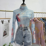 Autumn Single-Layer Mesh Base T Shirt Girls Printed Full Sleeve Turtleneck Tees Slim Women See Through Tshirts-Outfit