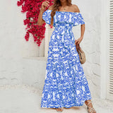 Fongt New Dress Women's One-Word Shoulder Short-Sleeved Printed Lotus Leafy