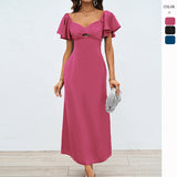 Fongt New Women's Temperament Solid Color Peach Heart Temperament Short-Sleeved Long Dress Dress Woman