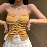 Red Chic Sexy Knitted Pearl Decorative Chest Vest Summer Folding Inside The Trim Bottom Wrapped