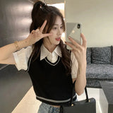 Fongt New Fake Two Short Knitted Girl Summer Design Sense Match-Comporous Body Poly Collar Short-Sleeved