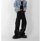 trendy brand men black zipper design slit slightly flared pants vertical feeling straight casual pants retro trousers-Outfit