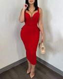 Party Casual Women's Dress Solid Color Hip Wrap Open Back Deep V Bow Elastic Split Ruffle Edge Sling Dress-Outfit