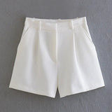 Solid Color High-Waist Pleated Casual Fashion Shorts In Summer-Outfit