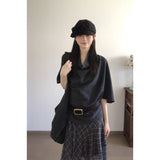 Fongt Collar Five-Sleeved T-Shirt Top Women Irregular Check-In Half Dress Korean Two-Piece