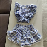 Plaid Ruffle Crop Top And Shorts Set-Outfit