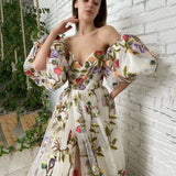 Fongt Spring And Summer New Women's Dress A Word Shoulder Open Fork Embroidery Temperament Mesh