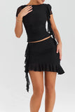 Mesh Ruffle Short Sleeve Top And Mini Skirt Set-Outfit