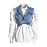 Elegant Two Piece Set For Women Lapel Puff Sleeve Shirt Sleeveless Denim Cross Coat Casual Sets Female 2020