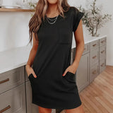 Fongt Summer Large-Size Burst Solid Color With Pocket Casual Round Collar Dress Woman