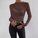 Fongt Summer Solid Color Round Collar Repair Shirt Bran Folding Design Women's Long-Sleeved Top