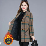 Middle-aged Women's Coats Fashion Grid Woolen Overcoat Female Autumn Winter Wool & Blends Pockets Elegant Woman Jackets