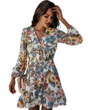 Fongt White Skirt V-Neck Chiffon Print Temperament Commuter Mid-Rise Long-Sleeved