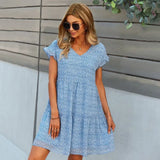 Print Short Casual V Neck Ruffles Chiffon