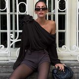 Fongt Trend Street Sexy Mesh Diagonal Shoulder Chiffon Flower Decoration Long Sleeve T-Outfit