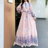 Fongt And Autumn New Women's Collar Bubble Sleeve Lantern Long-Sleeved Lantern With Belt Positioning Print Single Buckle Dress