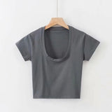 Fongt Solid Color Slim Sexy Female Short Sleeve U Collar T Shirt Basic Korean Version Short Jacket Ebay-Outfit
