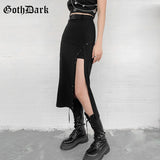Dark Gothic High Waist A-Line Black Midi Skirts Mall Goth Y2k Punk Style Women Sexy Slit Side Buckle Front Skirt