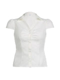 vintage simple ruffle blouse with short sleeves and V
