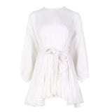 2022 Summer A Line Women's Dress O Neck Long Sleeve High Waist Sashes Slim Rose Color Mini Dresses Female