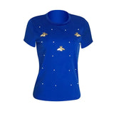 Women Yellow Short Sleeve Pearl Beading T-shirt Ladies Casual Tops Butterfly Solid Round Neck Summer Basic T Shirt-Outfit