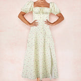 Fongt Women's New Floral Square Collar Sexy Slit Big Swing Autumn And Winter Dress