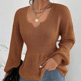 Fongt Sweater Women's Fashion V-Neck Jumper Solid Color Long Sleeve Flounces Closed Waist Women's