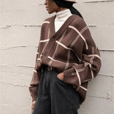 Plaid Cardigan Sweater Women Lantern Sleeve Casual Loose Jumper Autumn Winter V Neck Knitted Oversized Cardigans