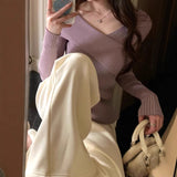 Fongt Comfortable Gentle Thin Fashion Temperament Gray Purple V Collar Knitted Knitted Shirt Niche Shirt